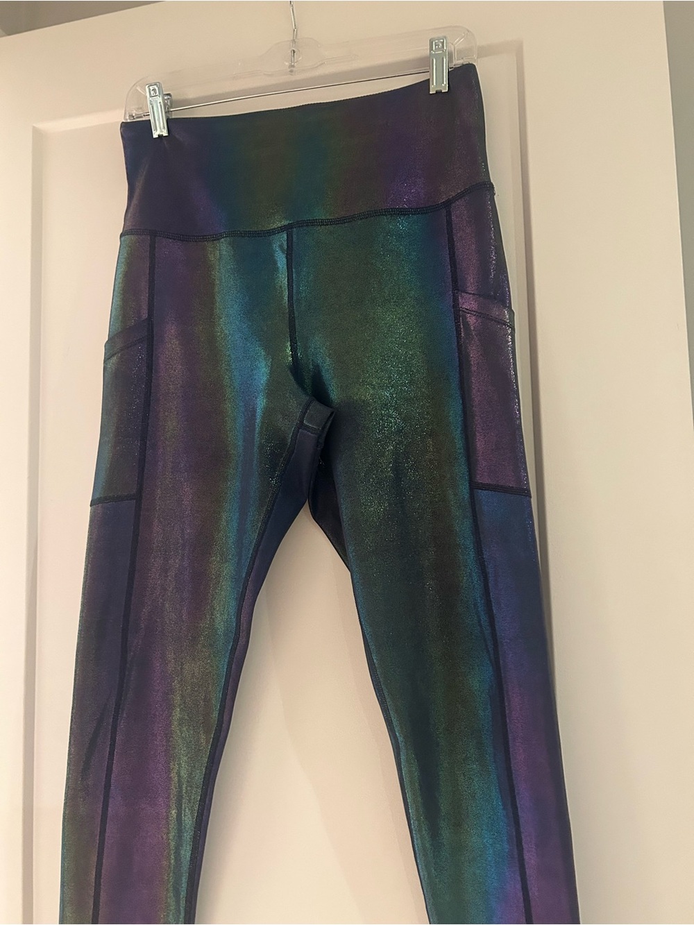 High-Rise Iridescent Green-Blue Skinny Leggings with Side Pockets